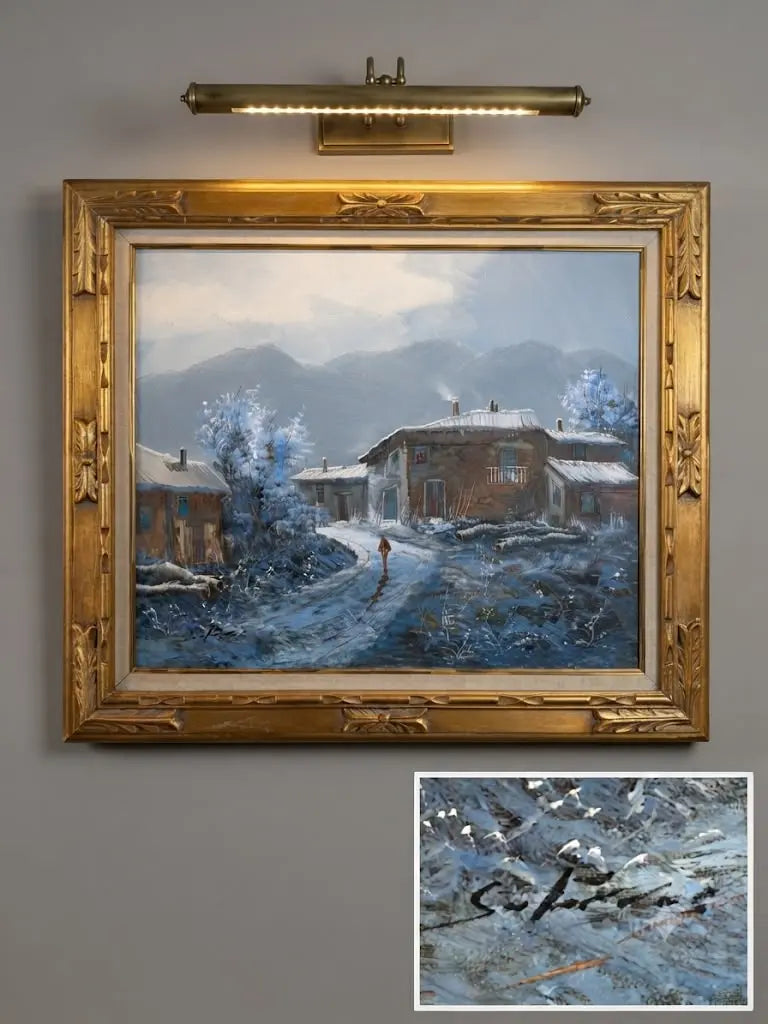Snow-covered mountain village with this exquisite original canvas oil painting 32”x37”inches